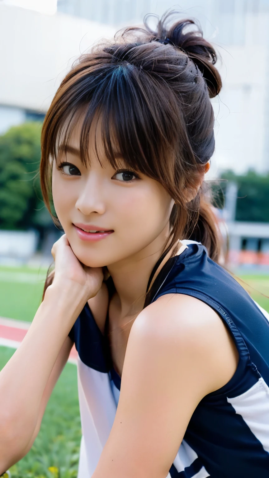 ((masterpiece)), ((highest quality)), (super detailed), (RAW shooting), (photo-realistic), ((cute)), cute, ((very detailed)), (fine eyes), (detailed facial features), (finger details), (Detailed clothing characteristics), 4K, (8K), highest quality, (beautiful), (cowboy shot:1.3), (athletics stadium), sunrise, Beautiful woman, alone, Japanese, (play sports often), (Sports Leggings), beautiful Light Brown hair, ((beautiful hair)), beautiful Blue Eyes, ((beautiful Eyes)), short pony stories, white teeth, (smile), shine with colored light, shiny