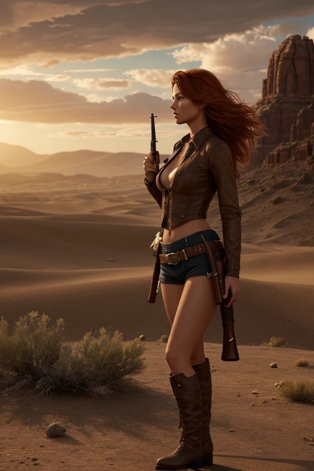 an attractive woman [gunslinger:bounty hunter:0.4] standing in a apocalyptic wilderness (oneshot style:1) <lora:djzOneShot_LB2:0.8>