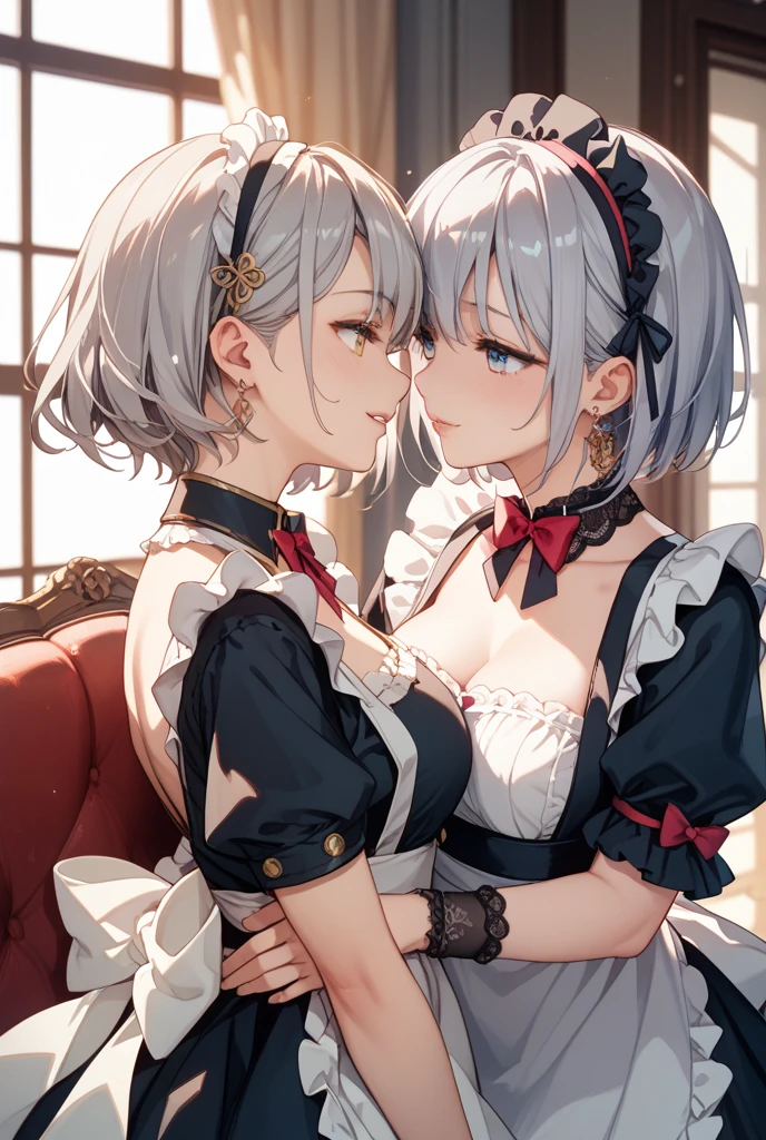 (masutepiece: 1.3), (max resolution: 1.2), (Ultra HDTV: 1.2), cinematric light, 8K resolution,
Detailed eyes and skin, detailed facial features, Perfect Style, Beautiful face, 准确, Anatomically correct, Highly detailed face and skin texture, Detailed eyes, Double eyelids, Thin eyebrows, Glitter Eyeliner: 1 Natural cheeks, Glossy skin, Fair skin: 1.2, (shiny lips: 1.4)
Two women facing each other、((Rubbing the opponent's chest))、((Touching the opponent's crotch、Erotic look))、(((Put your face on the crotch)))、(((((No Underwear)))))
(（One of them is a 28-year-old lascivious woman. 、(((It is a standing figure))) ), (Challenging look: 1.2),（long silver-white hair, Colossal tits, upturned breasts,Green-gray eyes、(detailed maid outfit:1.6)、Exposed cleavage、、(((open one's legs))),Shiny little earrings and necklaces、Disheveled clothes,））、
(（One of them is a 16-year-old naïve woman. 、((Sitting)) ), (Shy look: 1.2),(((closing eye))), ((Licking paws)),（a short bob,A dark-haired、 Small, Exposed cleavage、upturned breasts,blue eyes、(detailed maid outfit:1.2) 、Disheveled clothes、a miniskirt,））,NSFW