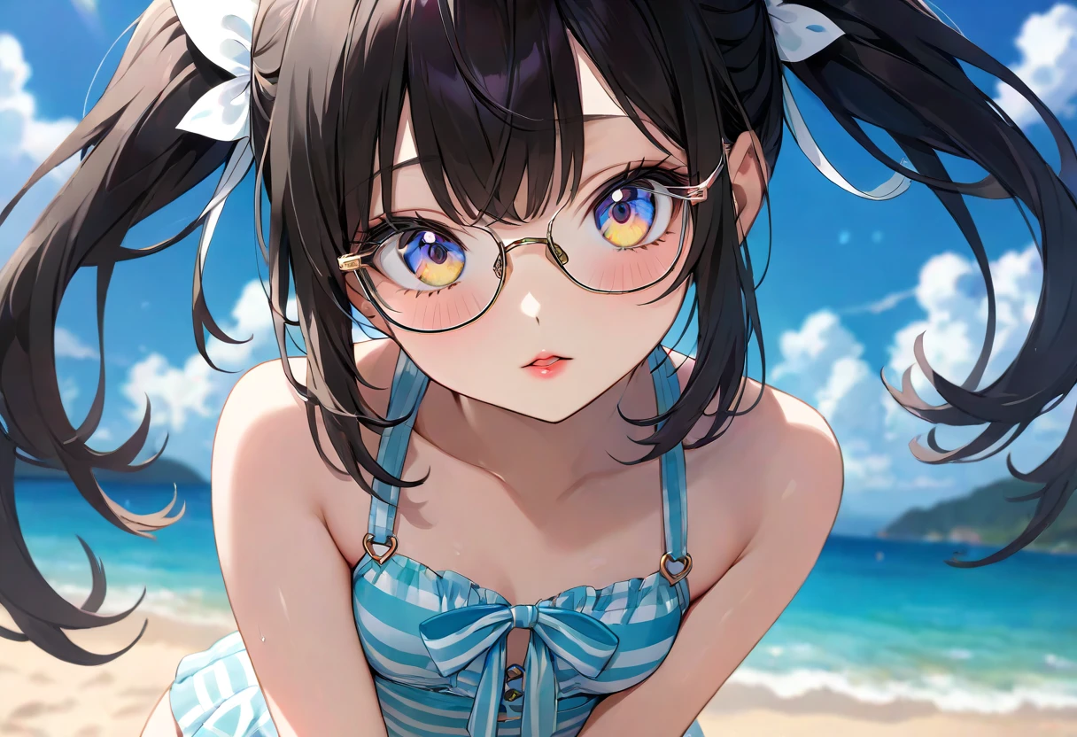 ultra-detailliert, Best Quality, hight resolution, moe-anime, ((A petite, black-haired girl with a large face and cute droopy eyes, who wears round glasses and looks up.)), Pretty eyes, Detailed eye depiction, Eye sparkle, Looking at Viewer, pale skin, (((Petite))), (medium chest), (big eye:1.4), a smile, Focus on the face, in beach, Ponytail hairstyle, sitting on, open_mouth, (bustshot), nsfw, saliva, ((White Micro Bikini)), (((front view)))