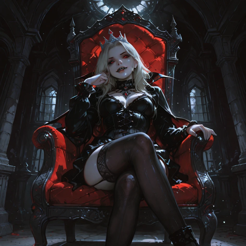 Best quality, highly detailed, 1 white skin boy, flat chest, male chest, slim curvy body, long blonde hair, pink eyes, vampire, pointy ears, sharp nails, black lipgloss, goth, wearing black bodysuit, black tight pants, big butt, sitting on throne, dark castle, vampire castle