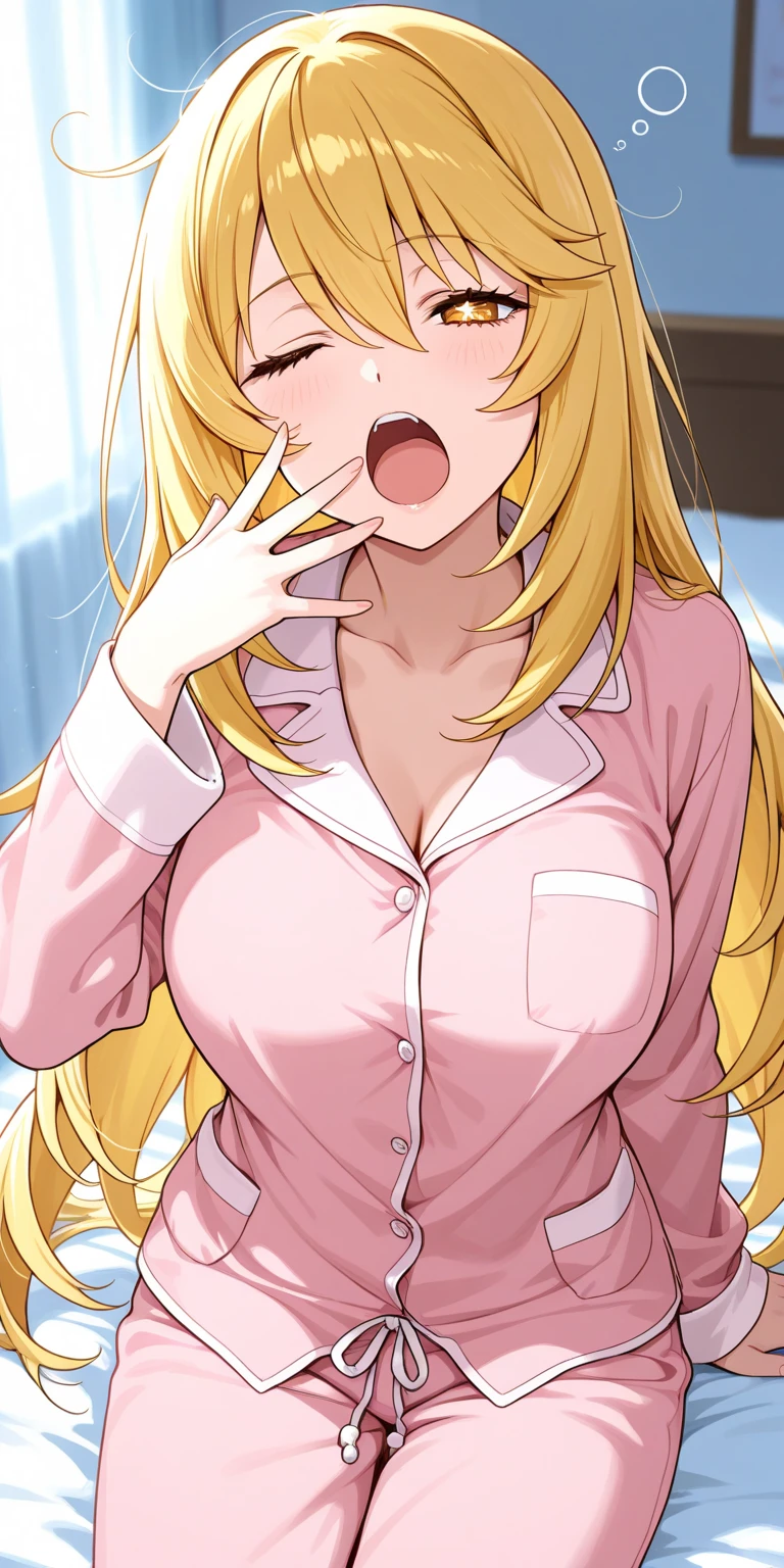 masterpiece, best quality, the guy inserts his big penis into the side hole of the beautiful girl's shirt and touches the big breasts of the yellow hair pink eyes, which are showing off her smooth armpits