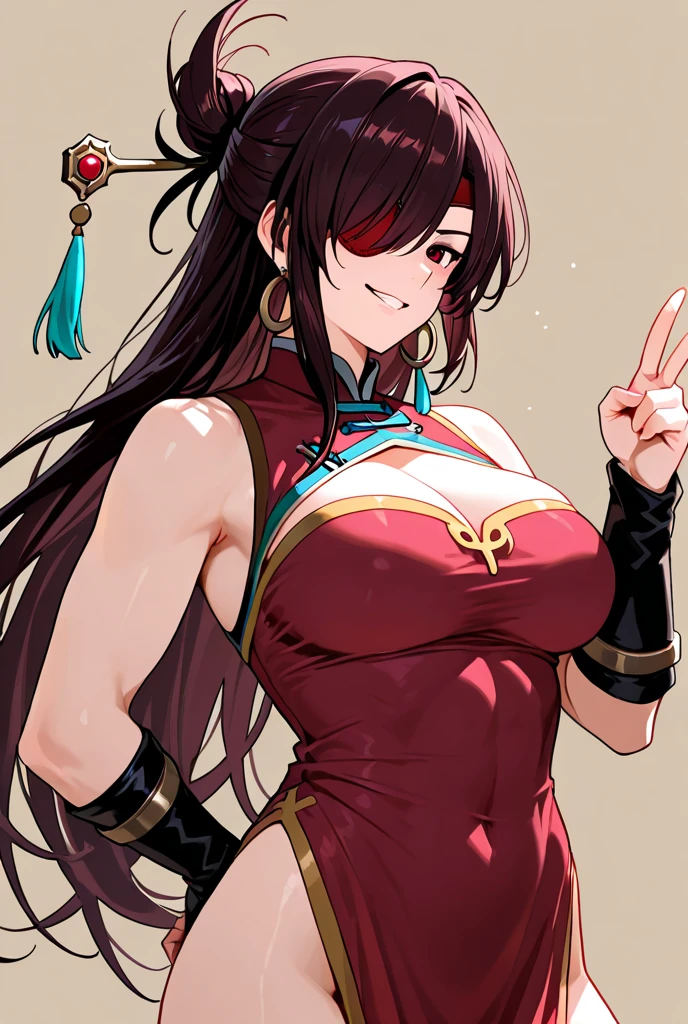 Hews style, 1girl, beidou_(genshin_impact), breasts, solo, long_hair, gloves, cleavage, thighhighs, eyepatch, muscular_female, muscular, fingerless_gloves, brown_hair, earrings, dress, hair_ornament, jewelry, biceps, large_breasts, black_gloves, cleavage_cutout, clothing_cutout, pelvic_curtain, chinese_clothes, bare_shoulders, white_background, simple_background, hairpin, boots, hair_stick, red_dress, flexing
