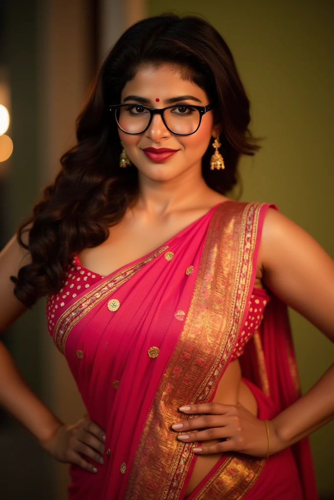 extreme close up photo of naked indian, big cheeks, hourglass figure, curvy, standing in office, red lips, nerd glasses,big , necklace, sultry, only saree,look at viewer and subtle smile, (cinematic:1.3), intricate details, (ArtStation:1.2)