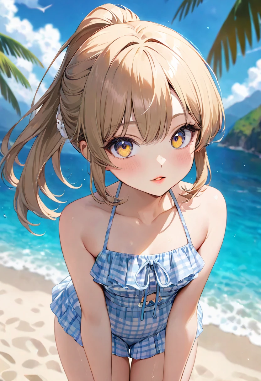 masterpiece, Highest quality, Ultra-high resolution, Highest Resolution, Very detailed, whole body, thin, very cute,、Complete limbs、Shining Eyes、Full Finger、Slender beauty、Blonde, Bun Hair、Embarrassed look、Writhing expression、Pink、Wear a school swimsuit、Glowing Skin、Knee-length、beach, tree