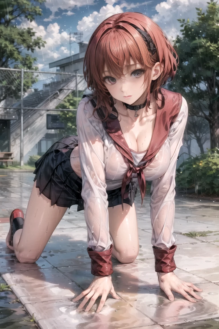 Beautiful anime girl. red hair. Large breasts, unbuttoned open shirt hanging off the shoulders. Short skirt. Raining. Downpour. Caught in the rain. Wet clothing. Wet skin. Wet hair. Shiny skin. See through clothing. No bra. visible nipples. Schoolyard. school oval. Hooved feet. Antlers.
