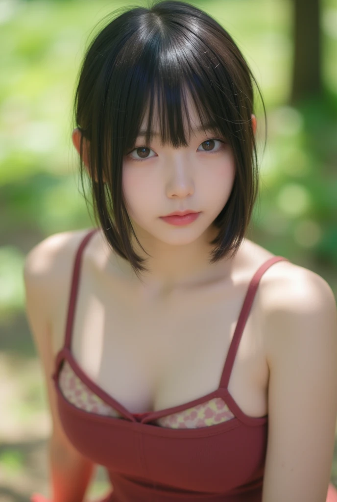 A beautiful girl with a super cute face and big breasts、A cute, tsundere girl with big breasts、The highest standard of ultra-high definition full-body photos、(Small face)、No makeup、Sexy lips、Chignon hairstyle、Super slender body but super big breasts、Nipple cover mini dress、A posture that brings out the best in big breasts、Fully open nipple、While searching the forest and grassland, I came across a naked angel with a lovely smile.