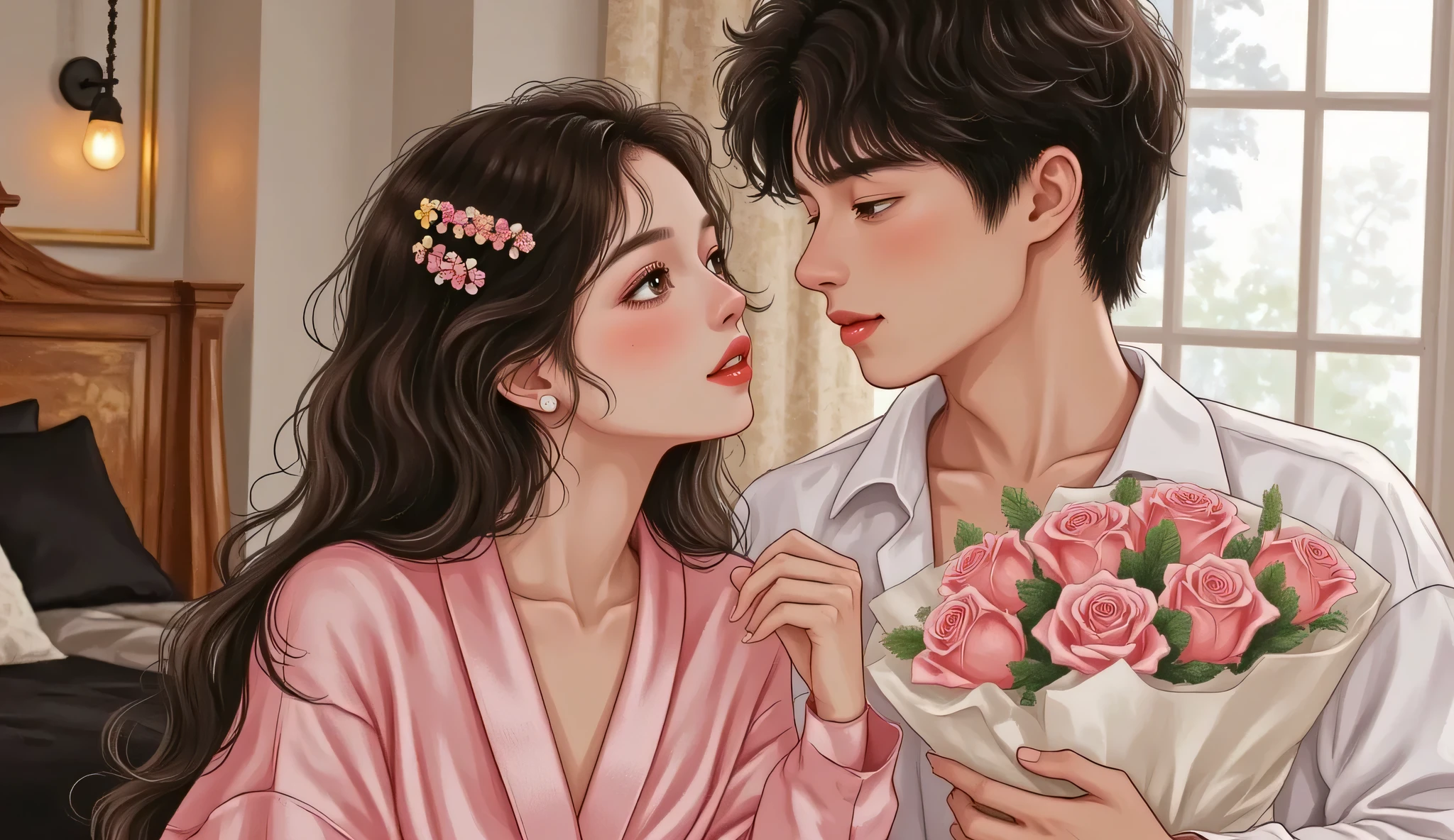 semi-realistic manhwa style, couple portrait from chest up, the woman in a silk robe sliding off shoulder, messy hair, seductive Douyin makeup, man shirtless or in white shirt slightly open, staring at each other closely, intense atmosphere, background: elegant bedroom interior, warm lamp light, large bed with dark sheets, window curtains blowing in wind, romantic and private setting