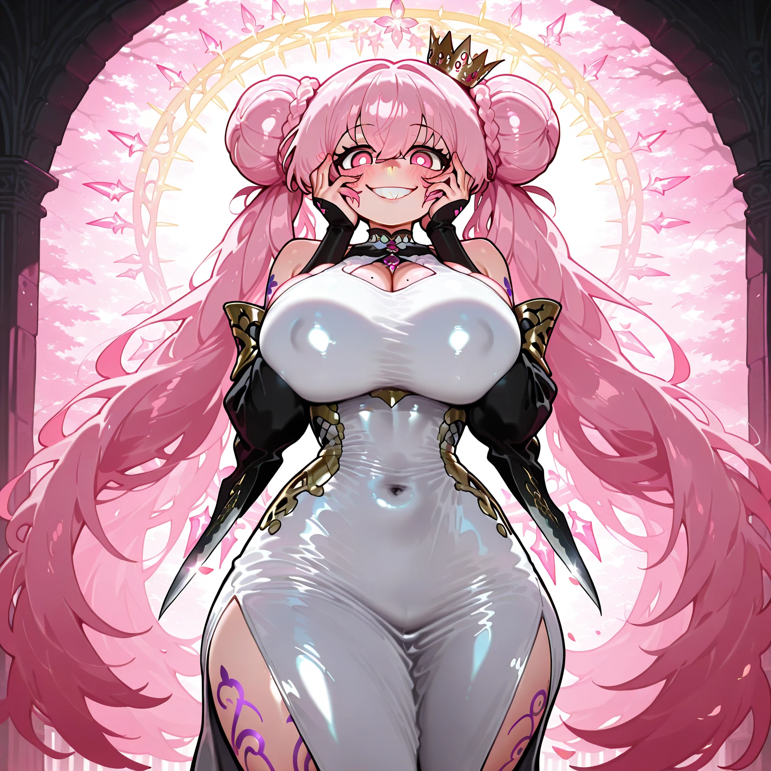 (masterpiece, best quality:1.2), cowboy shot, (solo), (1girl):1.5, glasses, long fluffy pink hair, hair blowing, gorgeous tall body, wide hips, slight smile, (sexy elegant swimswit), navel exposed, large breasts, pink breasts niples, cameltoe, wet body and clothes.