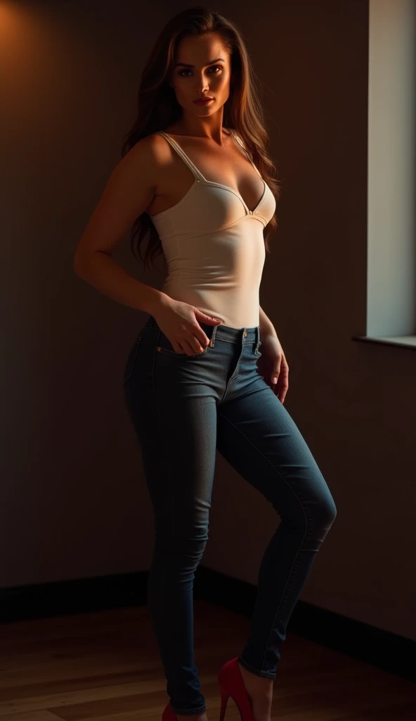 sexy 13-year-old girl sticking out her buttocks in tight jeans, high heels and a bra