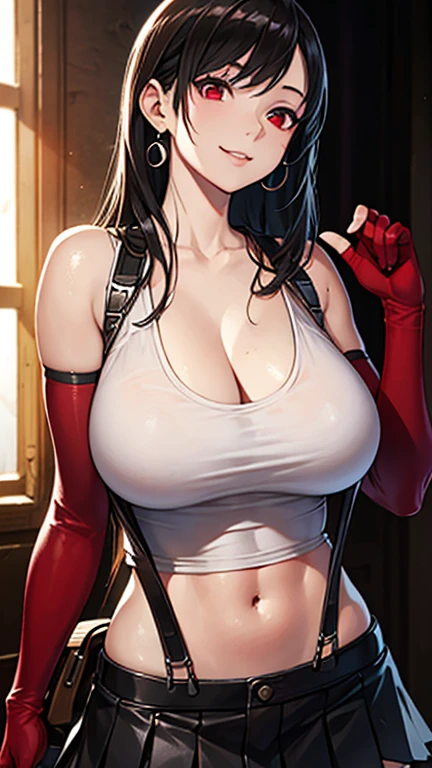 Tifa lockhart, tifa_lockhart, ff7, sultry face, (white tank top:1.2), black latex miniskirt, (black long hair), hair bangs (red eyes:1.3) long eyelashes, beautiful red eyes with brightness, atmospheric perspective, cinematic lighting, ray tracing, 8k, super detail, best quality, masterpiece, well detailed, in a modern industrial apartment, red combat gloves, big breasts, slim, large boobs, huge boobs, spreading legs, white thong, white tank top, black miniskirt, suspenders, stockings