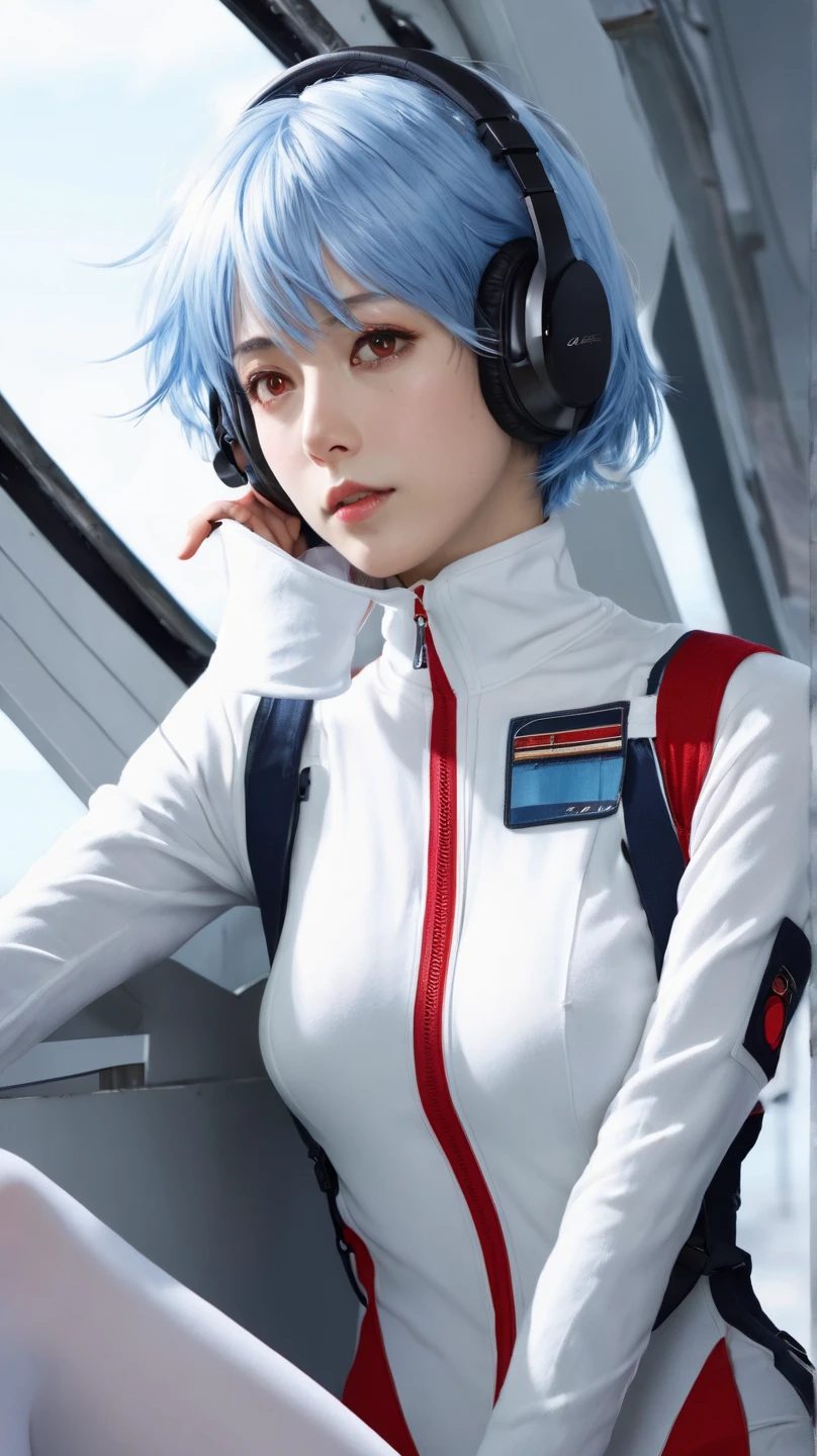 Evangelion、Rei Ayanami、（（白いPlug Suit））、（（White interface set））、Blue Hair、Red eyes、Hair between the eyes、Plug Suit、Watery eyes、（（Troubled face））、A little smile、high quality、８K、Red eyes、１４age、（（White bodysuit））、Perfect fit、One Girl、Official Art、Young face、