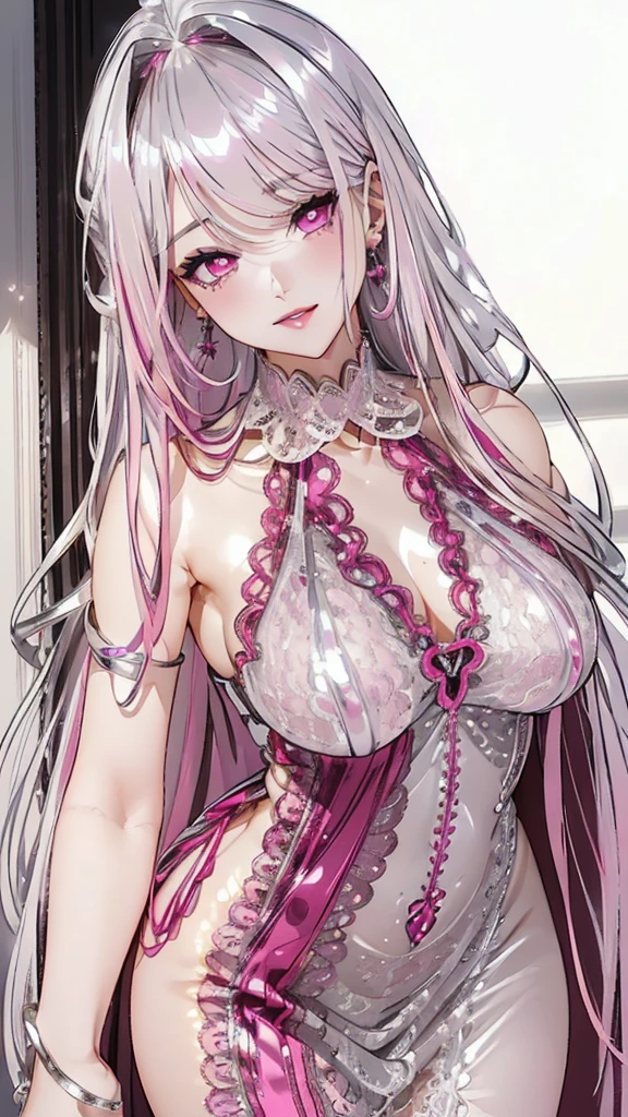 (((masterpiece, super high resolution, ultra HD, 8K quality))), (((woman in pink colored evening dress / See-through revealing dress))), (((silver hair, french updo hair))), (((beautiful sparkling red eyes, pupils with highlights))), ((blunt bangs)), pink lips, sexy expression, ((highly detailed)), (perfectly detailed face), (detailed and carefully drawn hands), (((very large breasts, cute smile))), photorealistic image, silver earrings, pearl necklace, jade bangle, diamond ring, Beautiful figure from the knees up