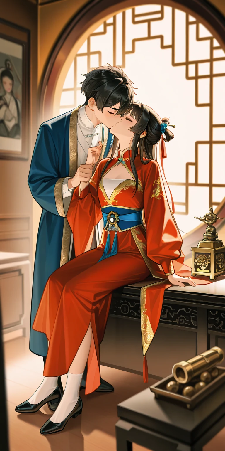 Period drama manga style A 15-year-old super beautiful Chinese girl with black hair in a bun cut(1 person) She is wearing a royal long-sleeved Chinese dress In a dimly lit bedroom Floral Futon She is forced to be held by the perverted old emperor while facing each other, and cries in fear. She exposes her nipples and faces the man as he inserts his penis into her pussy and they begin having sex. She wraps her legs around the man She loses her virginity and becomes pregnant She was given a deep kiss and had semen ejaculated into her with a high-speed piston.