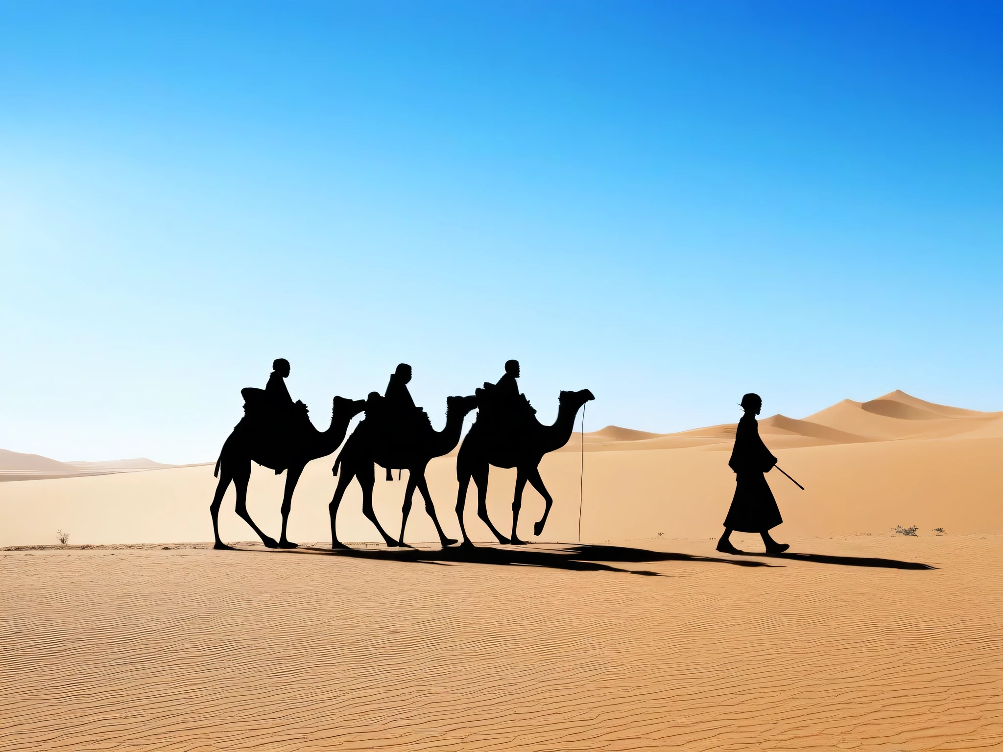 Silhouettes of trading teams walking in the desert。Camel。blue sky。anime style。