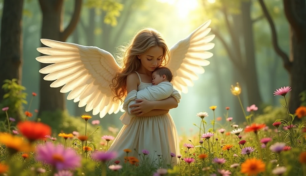 Mother with angel costume and carrying his baby in fog