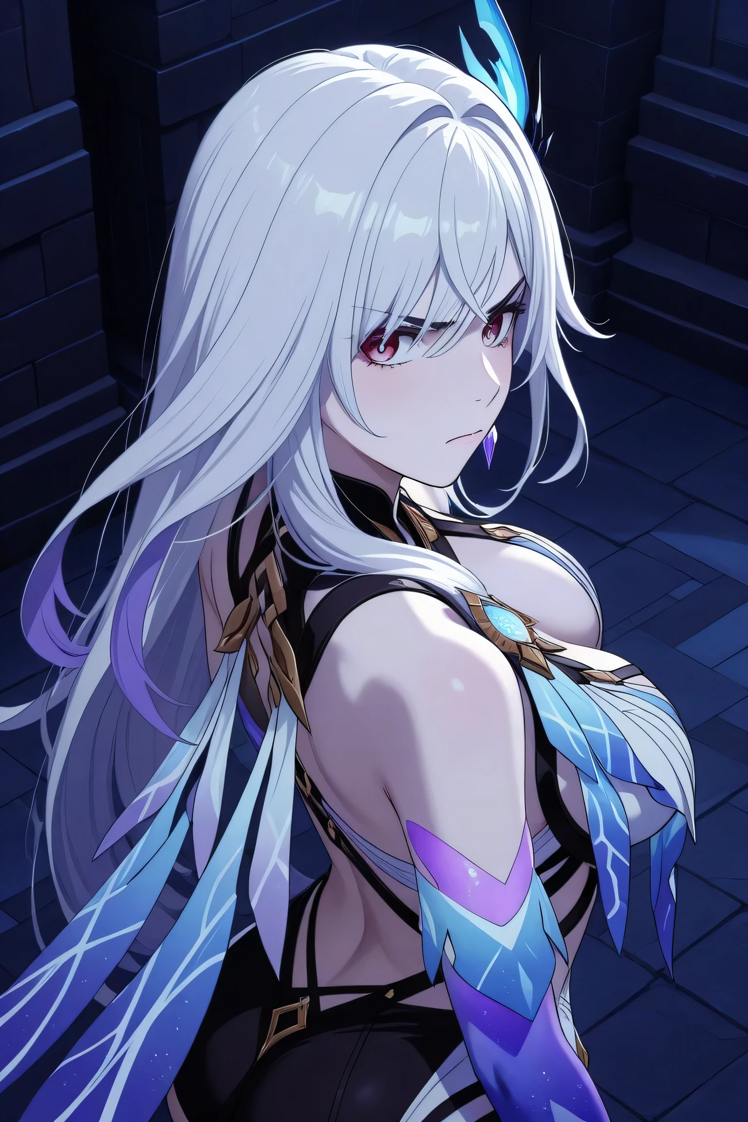 Skirk Genshin impact, cleavage, looking confident, angry expression, view from back, looking back, view from above