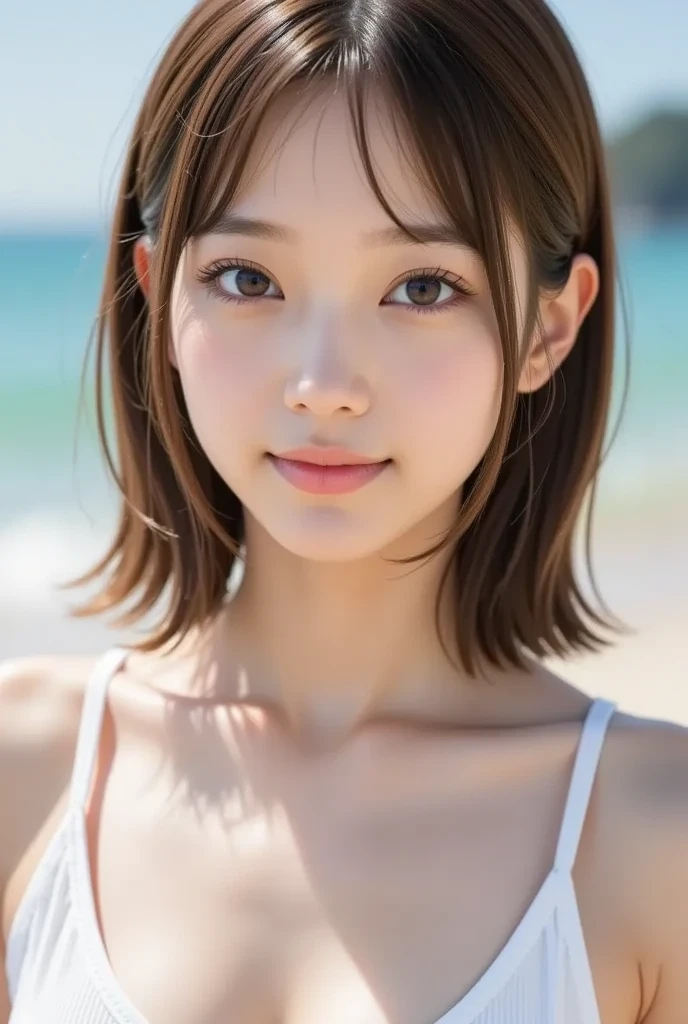 ((top-quality、Top image quality、超A high resolution))、18year old、独奏、((small tits：1.8))、flat breast、small tit、cute smile face、with round face、A dark-haired、short-cut、childlike 、Ultra-detailed and beautiful skin、Realistic and beautiful skin、Sandy beach and blue sky on background、Pink Micro Bikini、Super detailed and beautiful face