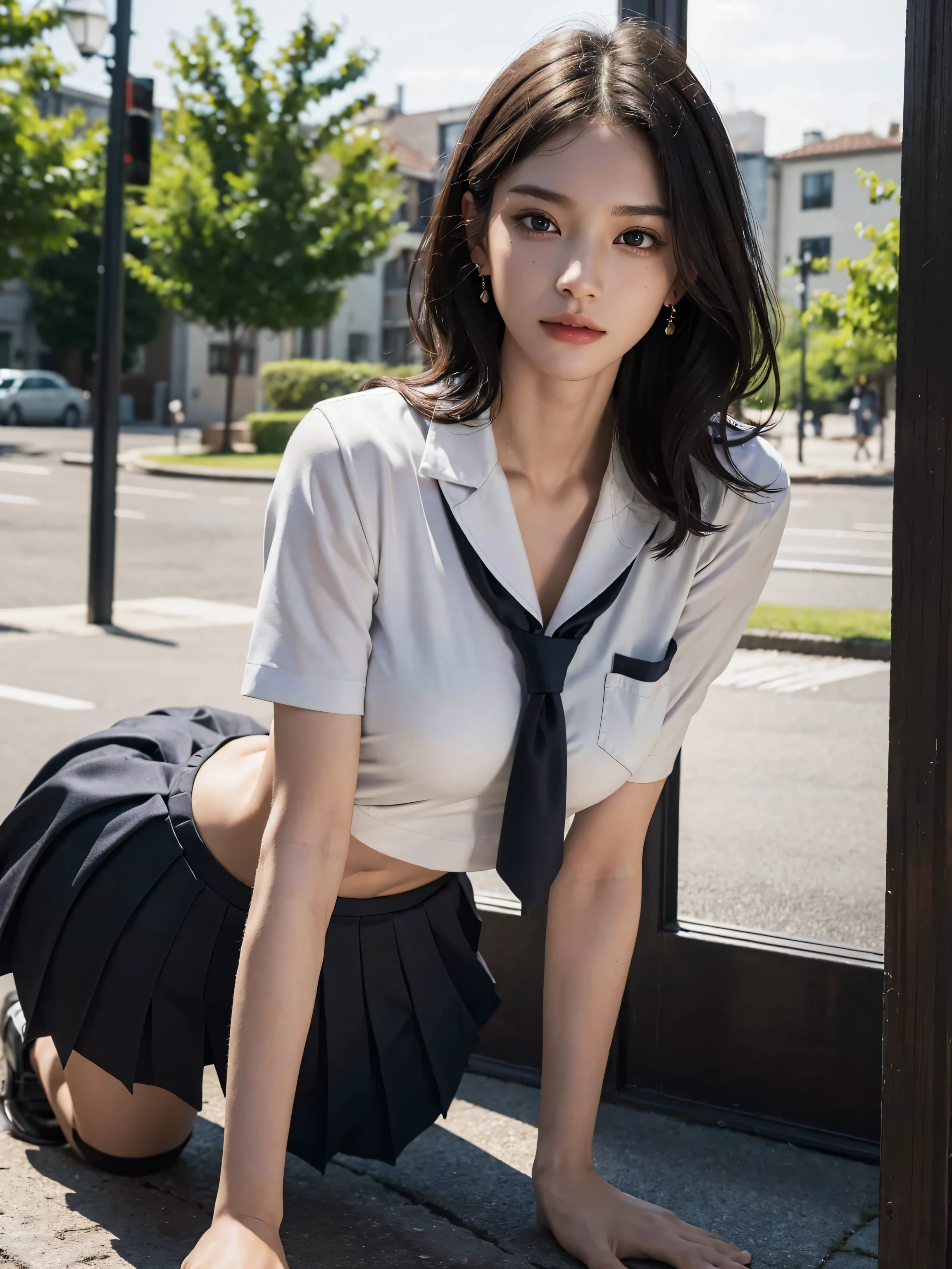 (8K, RAW photo, highest quality, masterpiece:1.2), (realistic, photo-realistic:1.37)、26 year old Japanese woman、hair is black、Eye color is indigo、long hair、I braid it lightly、Slender but well-proportioned muscular body、setting hair、I'm punching my chest、accessories on the ankle、smile、I'm wearing a hair band、Wearing a sheer tie-front shirt、My abs are cracked、I can see my bellybutton、Wear a navy blue low-rise micro mini pleated skirt、smile