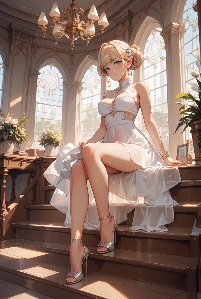 Beautiful 20 year old woman, (((blond updo))),(((Miniskirt Prom Dresses))), (mini skirt),(White panties)、church、(((Photo taken from below)))、Panty shot