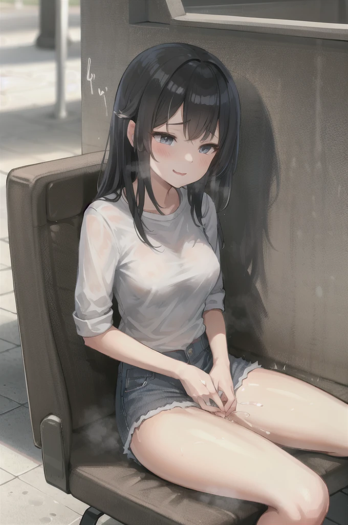 naked woman with small breasts sitting in cafe, big thighs, embarrassed, crying, sweating blushing spreading legs, hairy vagina