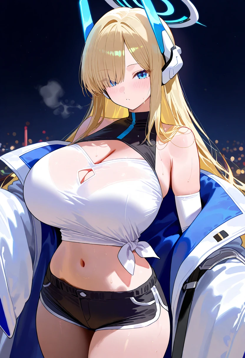 CombatMedic,  mature female,  1girl,hand arm above head, blonde hair, official alternate costume, blue eyes, armband,looking at viewer, multicolored clothes, alternate hairstyle, (masterpiece:1.4),(best quality:1.4) bikini huge breasts