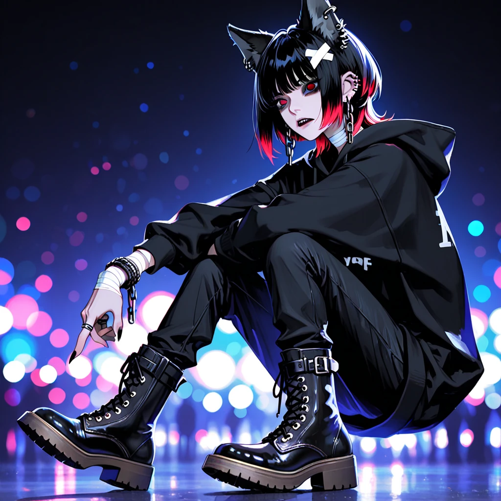 1boy, toned, sharp big wolf ears, wolf tail, black messy hair, wide and very vivid black eyes, HD, masterpiece, vibrant, black Converse shoes, slim dark crop top hoodie, full body view, black thigh socks, trendy hair, --auto --s2