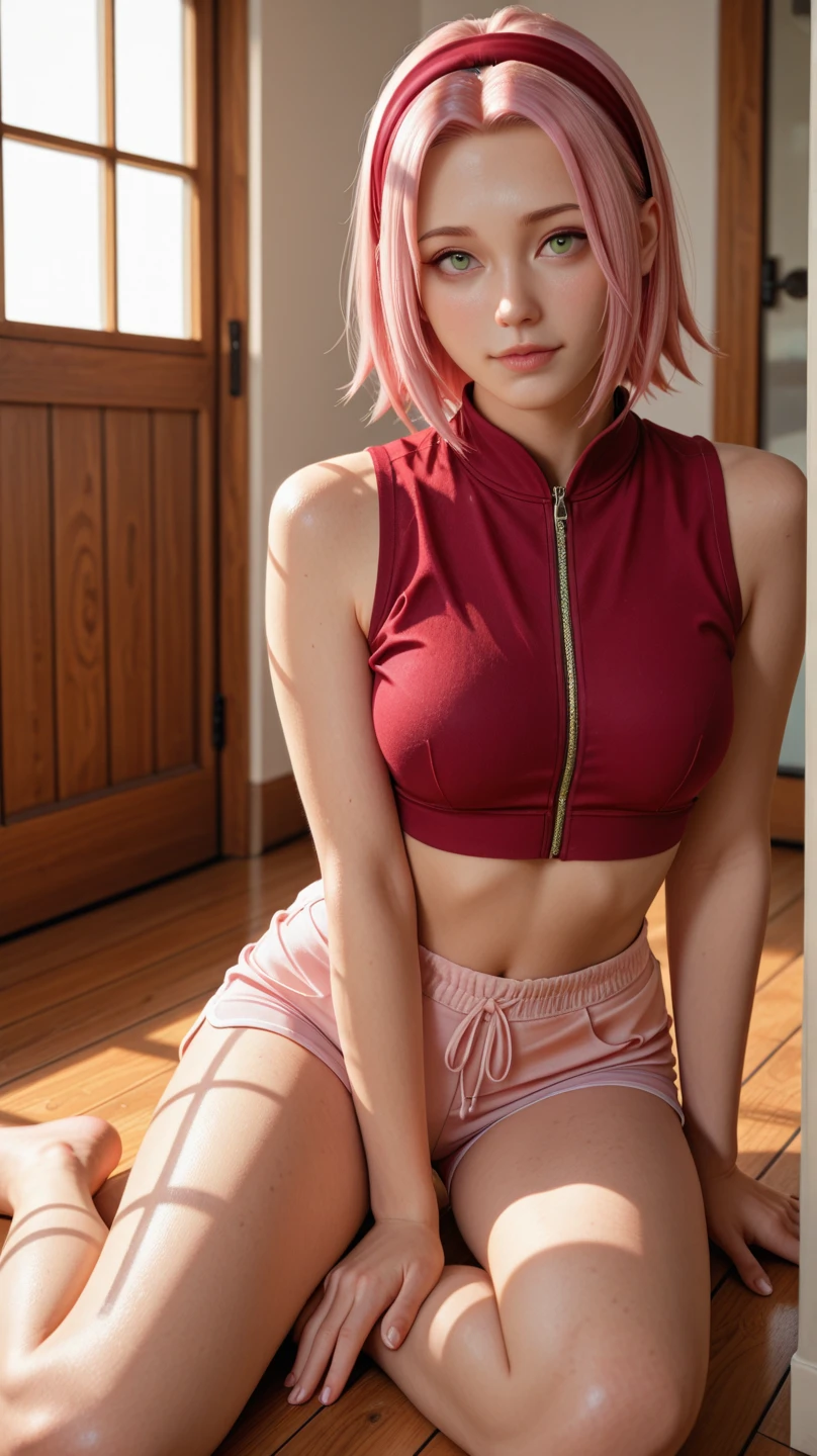 (bottomless :1.3),(8K, Highest quality, masterpiece:1,2), (Realistic, Photorealistic:1.37), Super detailed, One Girl,), (Very detailed), (Beautiful and detailed eyes), (Highest quality), (Very detailed ), (masterpiece), (Detailed face),20-year-old, ,1 Girl, ((Pink Hair,Very short hair)), Medium chest, Dressed, Perfect lighting, break (White Zip-Up Hoodie:1.3), (Pink sports bra:1.4), (White tank top:1.3), (Slim silhouette:1.2), (ponytail:1.2), (white ankle socks:1.2), (Pink sneakers:1.3), (Knee pads:1.5), break smiling with mouth open, Holding a volleyball in his right hand, Indoor gym, With the net and spectators in the background, Bright lighting