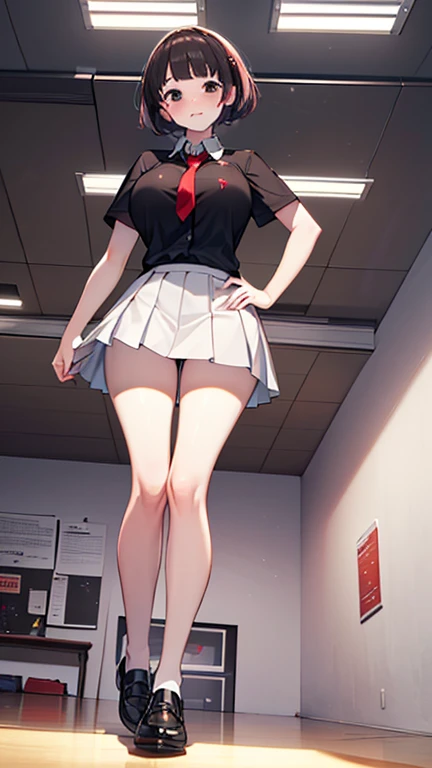 A anime girl, in a mall, front of wc, wearing skirt t-shirt, she is shaking, red eyes, black hair, short height, big boobs, big ass, tight belly, thicc legs
