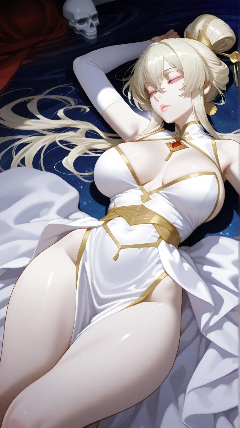 highest quality, masterpiece, High resolution, alone, {Saber_Also_FatestayNightuFotable:1.15}, length_hair,, ribbon, two_~ side_superior, hair_金hair, Ponytel,green_eye, ,nude,sweaty,Armpit showing pose,blush,Lying down