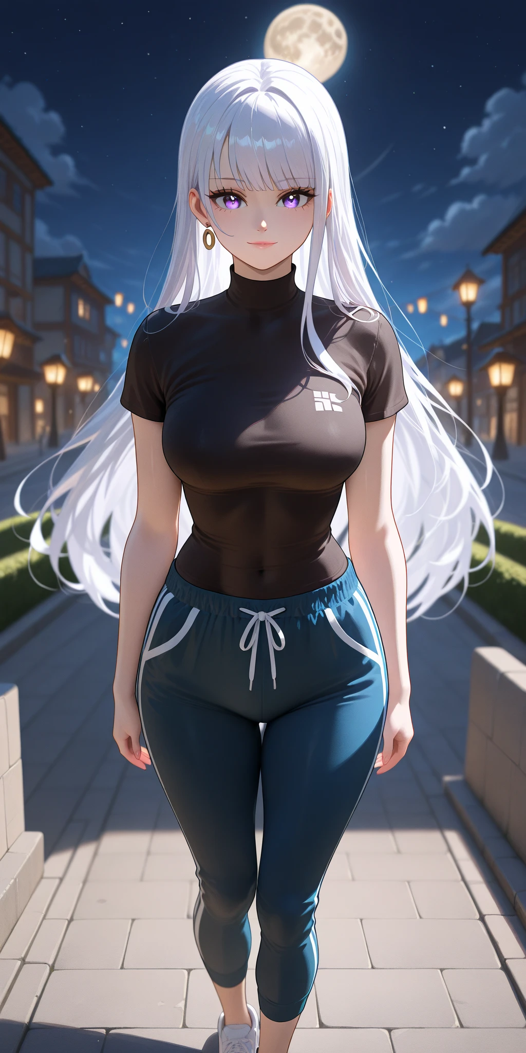 ((exceptional quality)), ((masterpiece)), (detailed), perfect face, perfect eyes, perfect proportions, white hair, white cat ears, white cat tail, gigantic breasts, thick thighs, red eyes, smirking, black crop top hoodie, underboob visible, gray sweatpants, athletic shoes, running outside in a park, night time, street lights on, stars and full moon visible, glitter everywhere on clothes