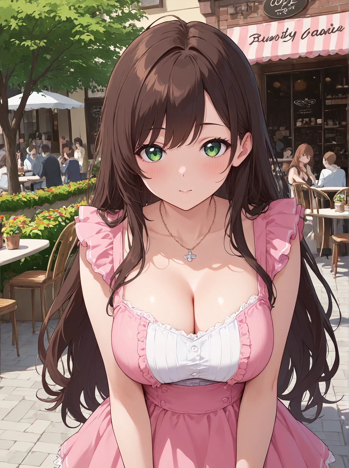 (masterpiece), (best quality), ultra high res, sharp focus, ((1 woman, solo)), (pink pastel tone), upper body, close up, beautiful detailed hair, chesnut brown hair, long hair tumbles down, ((beautiful shape eyes, green eyes)), beautiful detailed face, perfect feminine face, smiles happily, look at the viewer, (pink coquette dolly outfit), bare shoulders, in the café, (at the afternoon time:1.2)