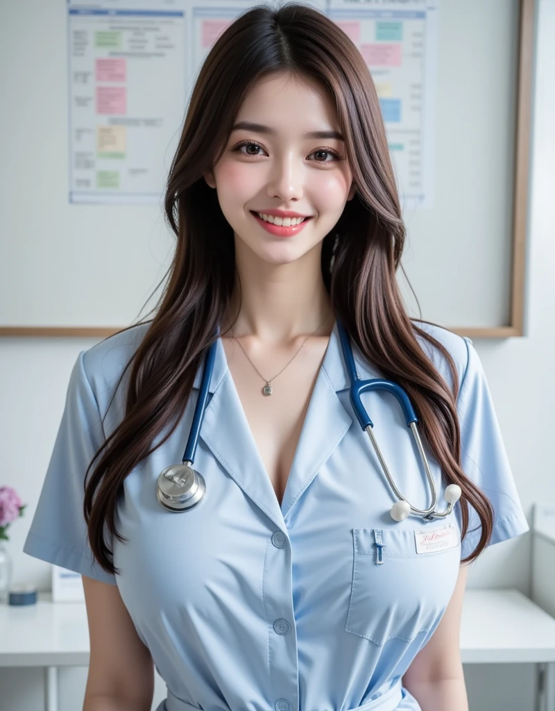 Bright smile, open mouth, loud laugh,Asian girl, kpop idol, ((nurse)), ((top quality, 8k, masterpiece: 1.3)), crisp focus: 1.2, beautiful woman with perfect figure: 1.4, highly detailed face and skin texture, detailed eyes, ((skinny)), beautiful face, symmetrical face, full-length, sexy, big breasts thin waist、big hip