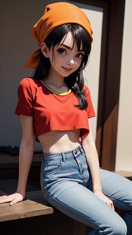 Pan, 1girl, solo, smile, red shirt, jeans, bandana, black Hair, sitting,, (showing armpits and pussy half naked.