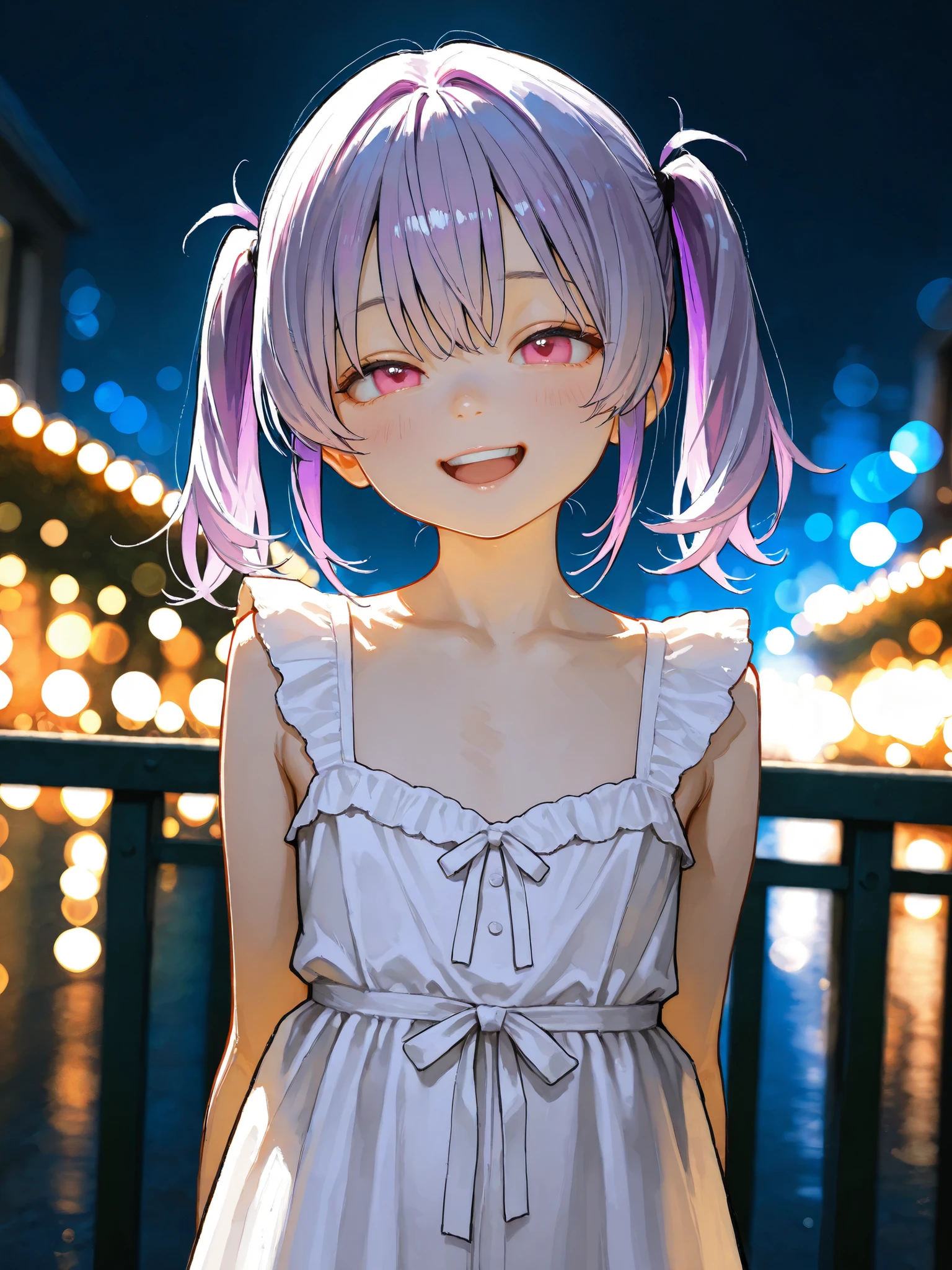 short girl, 1 girl,is young, flat chested,realisticな外観, big pink eyes, twin tails、Gradation color purple hair and gray hair、dress、I can see my chest、laugh at、Outdoors、 night view、細部にこだわったrealisticな影、movie stills, real、Highest Quality, realistic, 4K rendering, ultra-fine texture, professional , delicate,background bokeh,