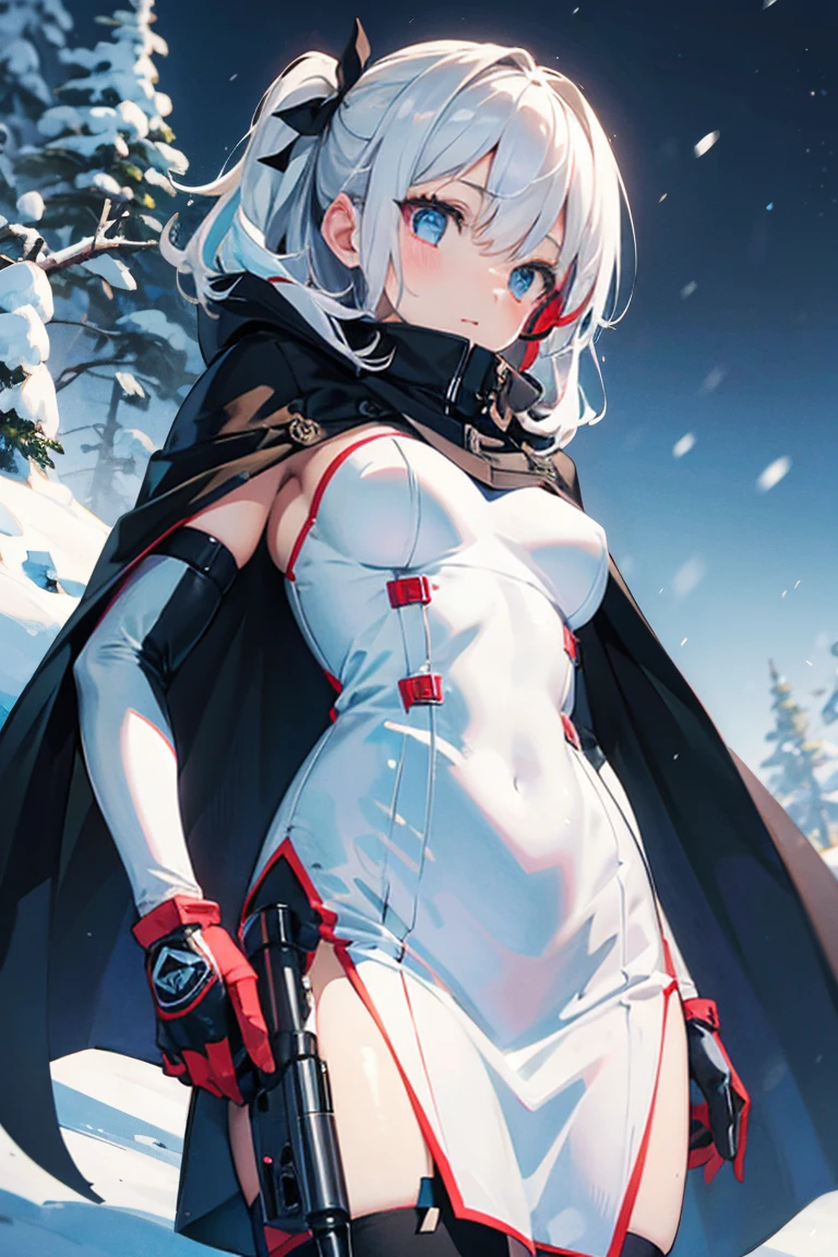 (photorealistic:1.5, highest quality,masterpiece,High resolution,muste piece),snow mountainに立つ1人の23歳の女性,cyber punk,(red string bikini:1.5,Down jacket:1.3,choker), beautiful skin, (looking at the camera:1.2),(A photo seen from the bottom of the back:1.3),(short Hair:1.2,bright platinum hair:1.5), expression( Impish Smile:1.3,blushing:1.3),Pause( Seductive pose:1.5),background(snow mountain:1.5,ruins,apocalyptic world),(Medium chest,slender, abs:1.2), (see-through nipples:1.5),(transparent butt),(detailed perfect face:1.9),normal hands:1.5,normal finger:1:5,normal feet:1.5,(cameltoe)