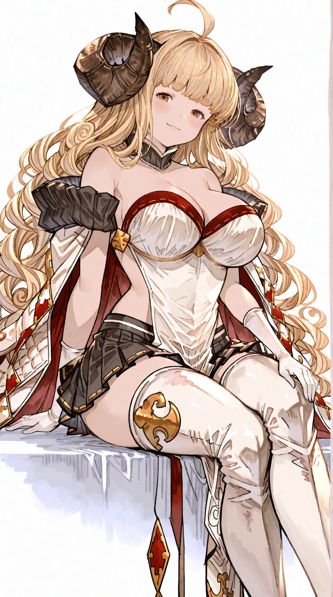 masterpiece, (detailed, highres, best quality), 1girl, <lora:gbfAnila-09:1> aniladef, cleavage, cape, white gloves, white thighhighs, pleated skirt, fur trim, pelvic curtain, white tabard, white background