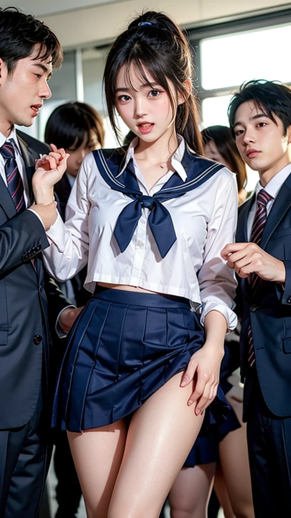 masutepiece, Best Quality, 8 girls in the classroom,(5 people standing:1.2),Standing,Teenage, Looking at Viewer,l Group shot, harems,nffsw,Retro sky blue underwear, (pantiy),Realistic,School uniform,(Dark blue blazer and white shirt) ,(Dark blue pleated skirt),Blue Ribbon ,(Looking back, ass grab:0.9),(Beautiful eyes:1.3),frombelow,From below,Kinney,(skinny:1.2) ,thick thighs, Long body, novel illustration,(Smelly eyes:0.5),closed curtains,(shirts lift,lifted by self:1.5) ,Dark Persona.Skirt lift front,(Panties:1.3)