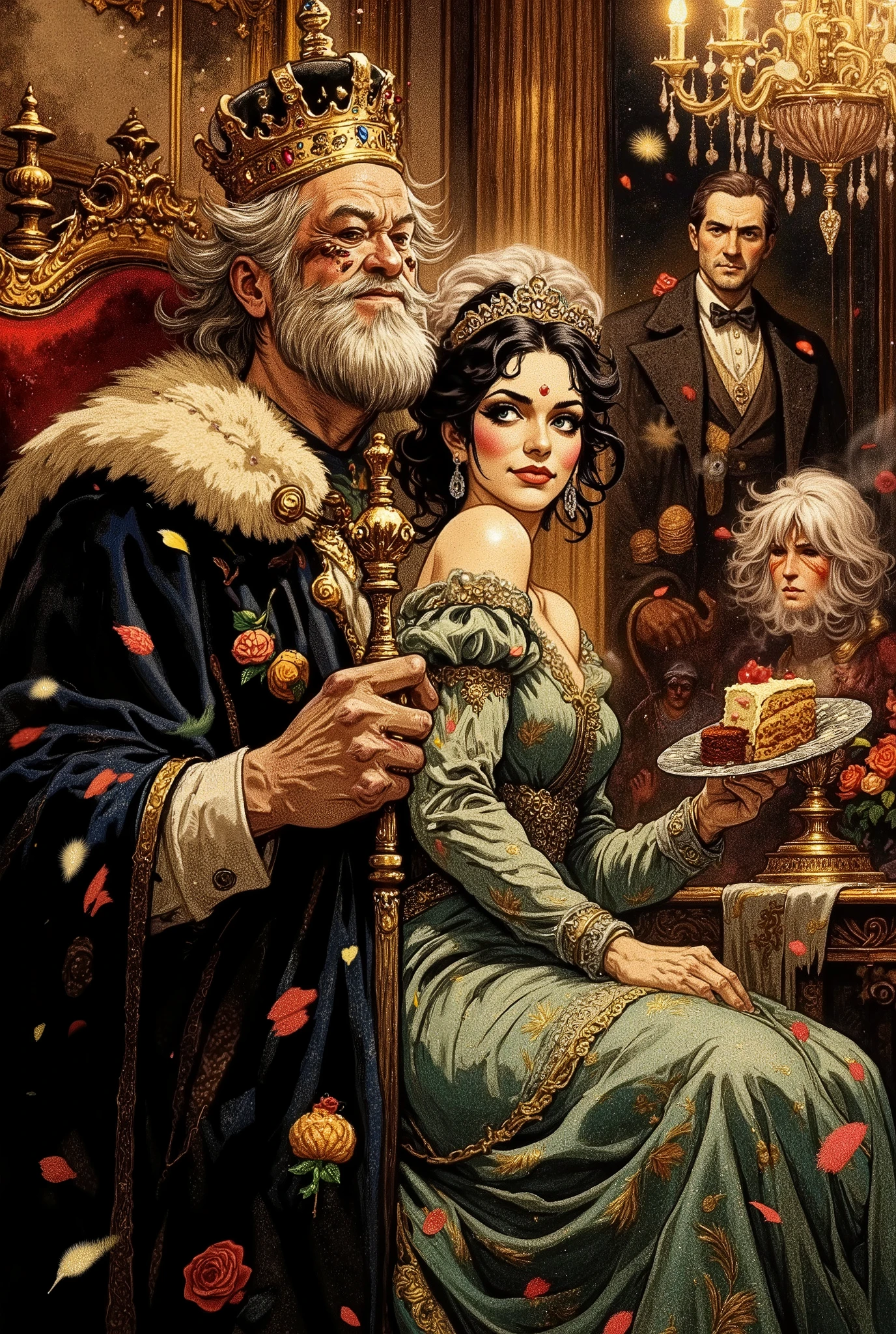 A dynamic semi-realistic illustration in the style of a glamorous fairy-tale comedy. An elderly but energetic king with a gray beard and a shiny bald head, adorned with a small but proud crown, dramatically bursts into the throne room, flinging open his absurdly luxurious velvet cloak embroidered with golden cupcakes. His chubby cheeks are flushed with delight, and his eyes sparkle mischievously—clearly, he’s up to some mischief. In one hand, he holds a scepter shaped like a lollipop; in the other, he reaches for a pie floating mid-air, completely forgetting royal decorum.
Beside him, a stunningly beautiful young queen in an extravagant jewel-encrusted crinoline dress desperately grabs his cloak, trying to stop him. Her perfect hairdo is slightly disheveled from his antics, and her face shows a mix of affection, exasperation, and an "I told you this would happen!" expression. In her other hand, she clutches a fan, fluttering it frantically to cool her burning cheeks—court ladies giggle behind their sleeves, while pages struggle to hold back laughter.
Background: A lavish palace with gilded decor and crystal chandeliers, but with absurd details—a portrait of the king in his youth on the wall (still bald), a servant dropping a tray of fruit in shock, and the royal poodle in a wig and bow hiding under the throne in terror. Rose petals, peacock feathers, and a lone donut (which the king is reaching for) float through the air.
Style: Semi-realism with cartoonish expressiveness—soft highlights on silk fabrics, detailed textures of jewels and embroidery, but exaggerated emotions and comical poses. The lighting is theatrical, with warm rays spotlighting this ridiculous yet endearing duo, emphasizing their contrast.