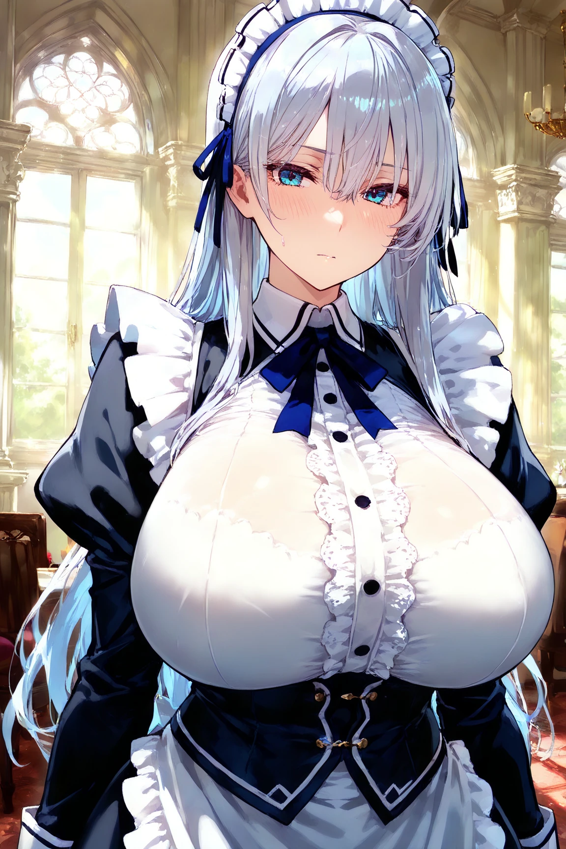 best quality, best resolution, (fluffy anthro furry), arctic fox girl, silver hair, blue eyes, (white fur), long straight hair, fox ears, big breast, sophisticated manner, (traditional black maid outfit), mansion kitchen, confused
