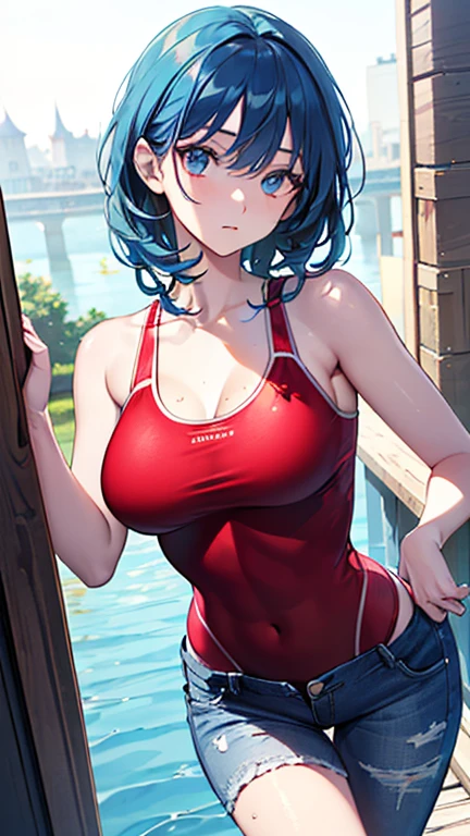 ((High_Quality)), ((Highly_Detailed)), ((Master_Work)), ((Beautiful)), 1girl only.(Pokemon_Penny) (smiling_coquettishly), (sexy_pose), (gray_eyes), (glasses), (big_breasts), (thin_clothing), (red_and_light_blue_hair), (She wears_short_hair_with_fringe_the_part_of_the_fringe_is_red_color_about_a_quarter_of_the_right_side_is_also_red_and_the_rest_of_her_hair_is_blue), (trikini_style_swimsuit_), (beach_on_the_shore_ of the_sea_with_a_sunset)