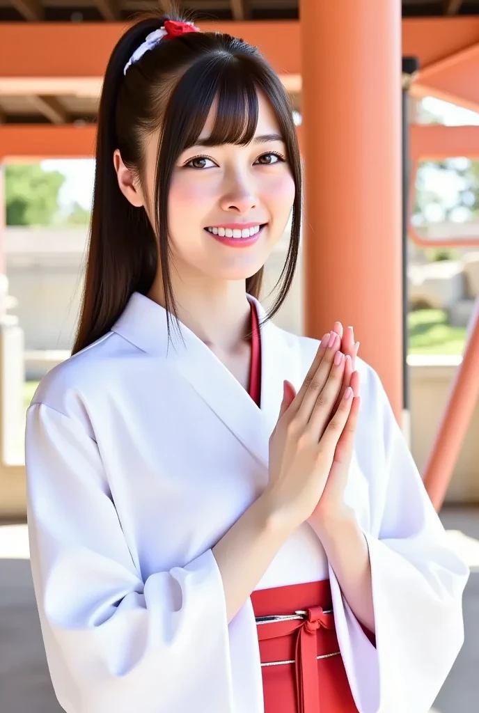 Japanese、girl、Fair skin、very slender、high resolution、((Kimono appearance))、indoor、join hands in prayer、straighten the fingers of the hand,、smiling