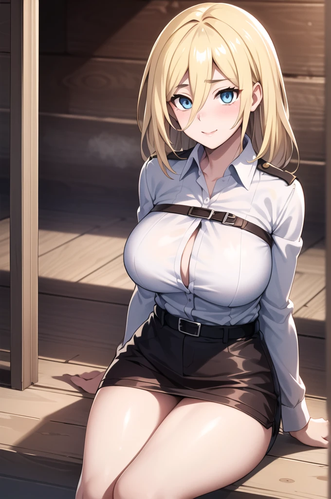 score_9, score_8_up, score_7_up, source_anime, BREAK, ikuchan, clean color, flat color, 1girl, anime screencap, screencap, seras, hellsing, blonde hair, blue eyes, smug, smirk, milf, mature female, indoors
