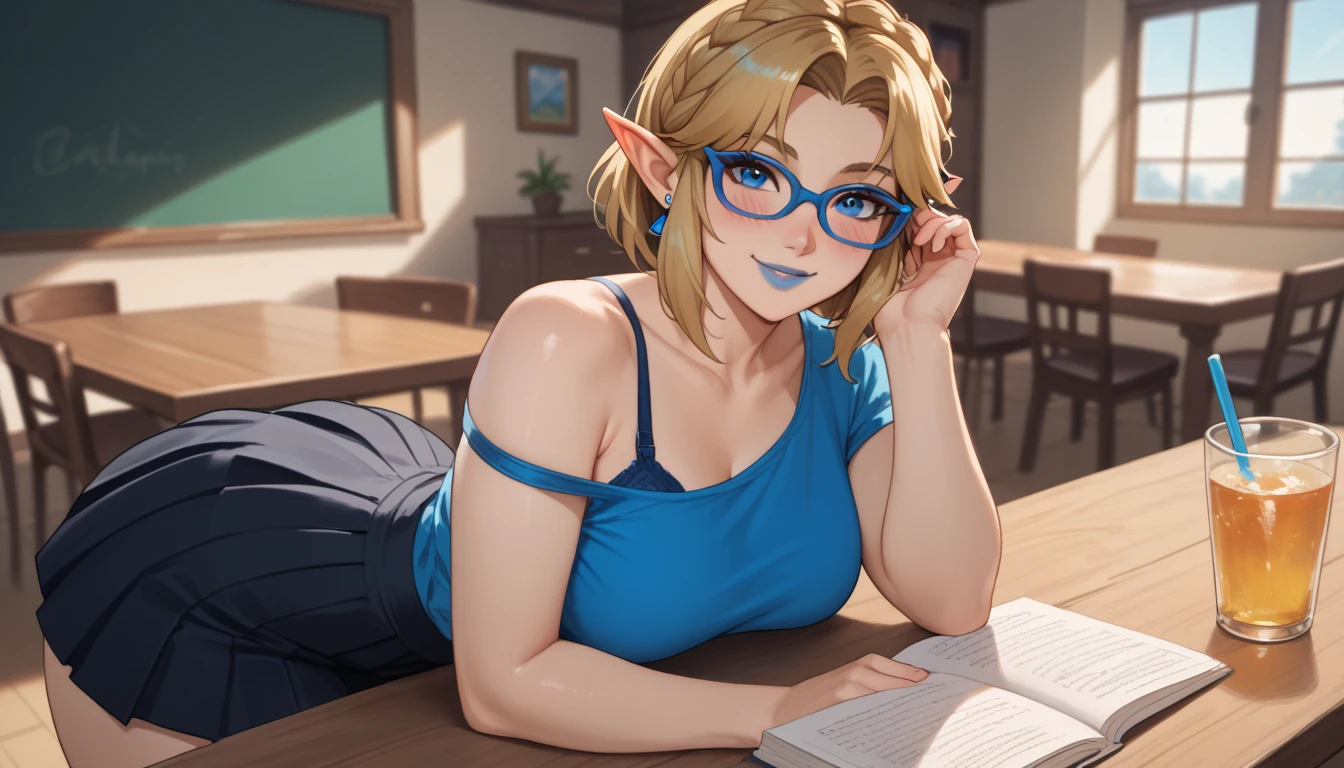 wide shot, ((best quality)), ((highly detailed)), masterpiece, (detailed eyes, deep eyes), (1girl), dynamic angle, cowboy shot,TOTK zelda, woman, smile, ((short blonde hair )), ((green eyes)),firm breasts, realistic proportions, curvy body, lipstick, curvy hips, subtly visible breasts, day lighting, ((petite body)), library background, (((visible nipples))), naked((leaning over))), collarbone, leaning over table, showing cleavage, bending over a desk, bare ass,Exposed nipples