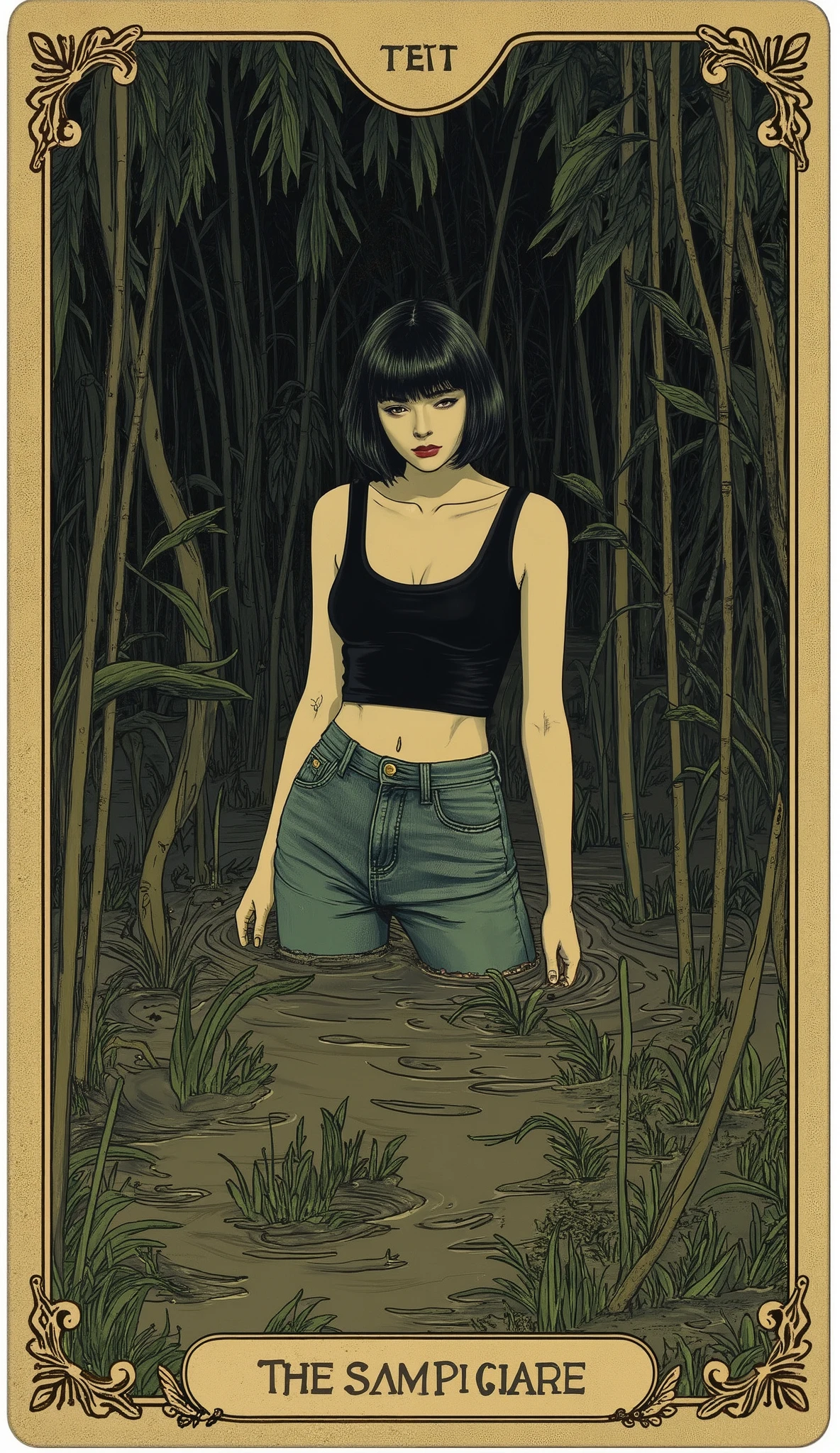 masterpiece, tarot aesthetics, tarot vintage linear aesthetics, stuck in a mud swamp, mature miracle, cropped top,high-waisted jeans, bob square, turns