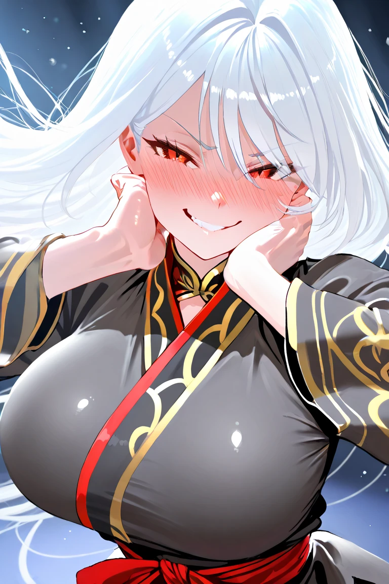 (masterpiece, best quality:1.4), 1 girl, 独奏, Red pupil, Blurred eyes, Smile, Look up and down, Pink lower lip, Left index finger touching face, Silver asymmetrical hairstyle, Long bangs on one side, High ponytail royal sister, Huge breasts, Black dress dress, Vision, black background.