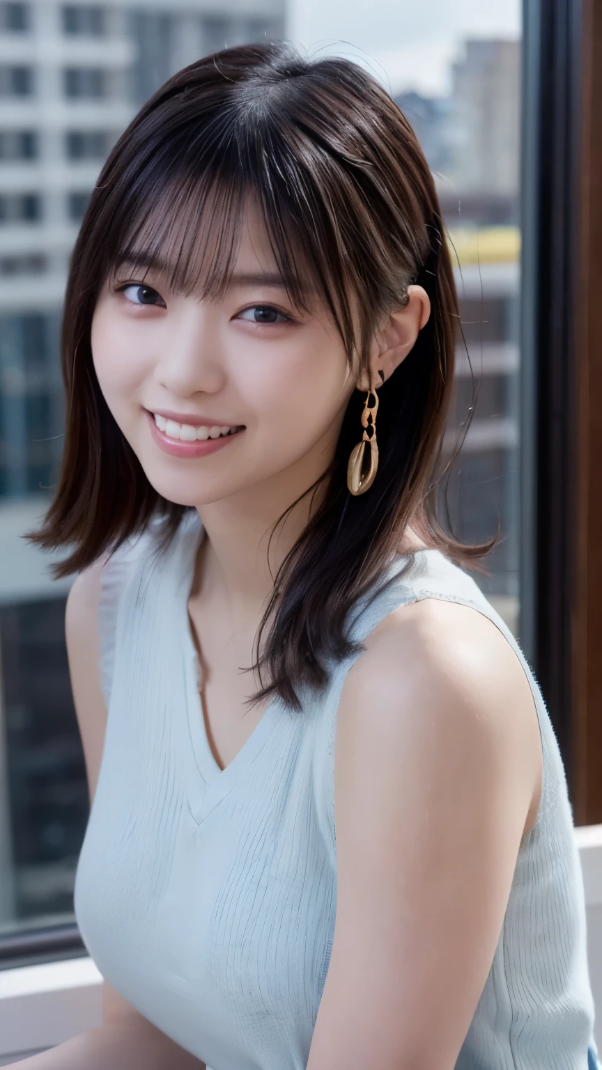 1 Japanese beauty , depth off field, first-person view, f/1.8, 135mm, Nikon, ultra high definition, retina, masterpiece, accurate, anatomically correct, textured skin,Very white skin、 clear skin 、 Super Detail, high detail, high quality, Best Quality, high definition, 1080P, high definition, 8k, (big boob:1.4),Japanese beauty 1 person,((((A glamorous woman with striking dark eyeshadow in rich plum shades, high-contrast studio lighting creating a moody effect))))、 (she has heterochromia, and her eyes are different colors, which makes her incredibly captivating)、(Drunken Blush Makeup)、round face、She is smiling very happily、she is smiling with squinty eyes、INSANELY BEST SMILE、she is smiling with her mouth open、Her front teeth are neatly arranged、(she has cute little vampire fangs)、(Braided Top Knot,twisted side part ponytail、Braided Headband,half up、Braided Space Bang,voluminous fishtail braid,Twisty Bang)、(She is wearing a Collared blouse with v-neck(pale blue:1.5))、break、(She's wearing a see-through panties)、She is in an IT firm's office at sunset、break,She is sitting in a window seat、I can see a skyscraper city out the window