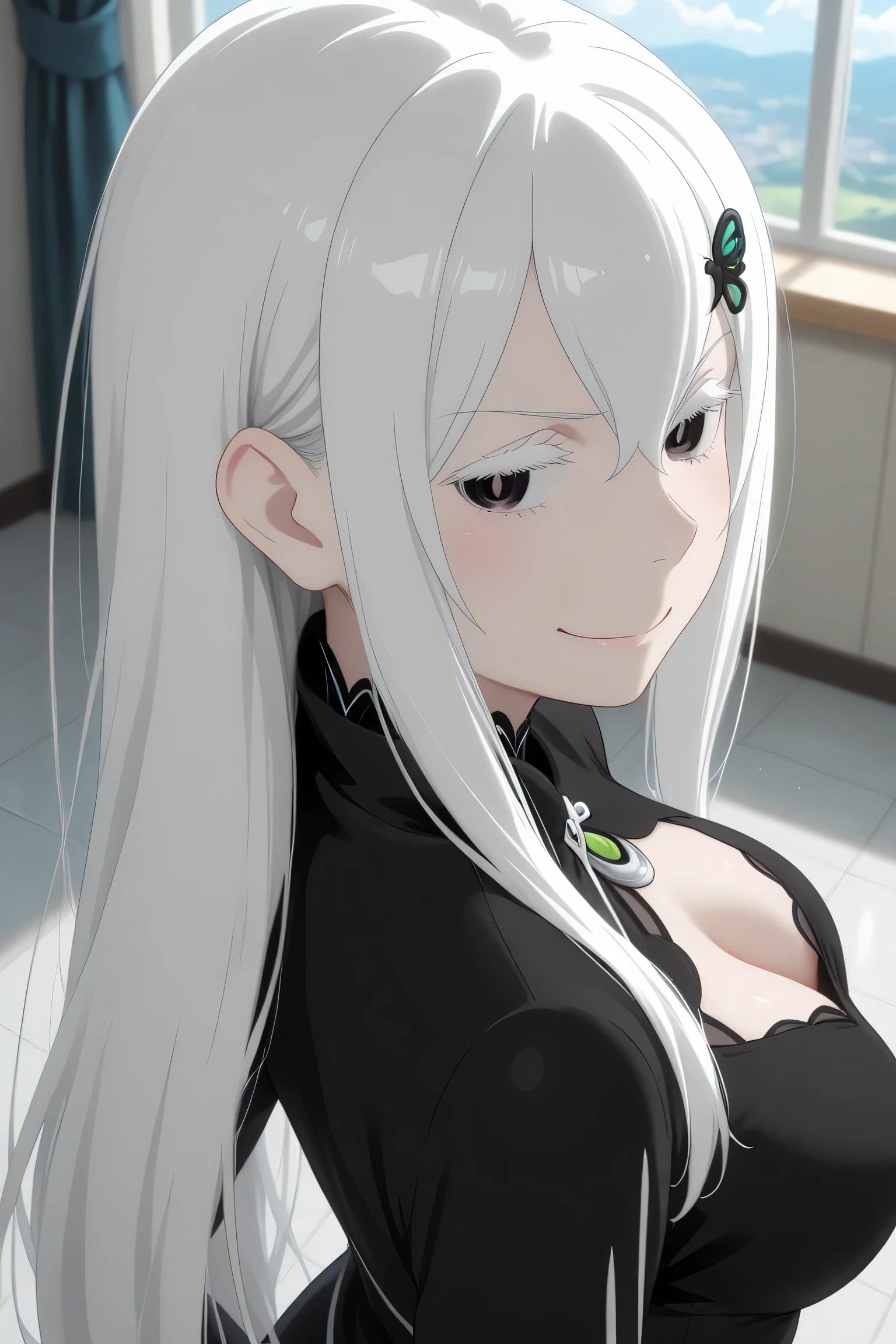 echidna rezero, cleavage, looking confident, smug expression, view from back, looking back, view from above