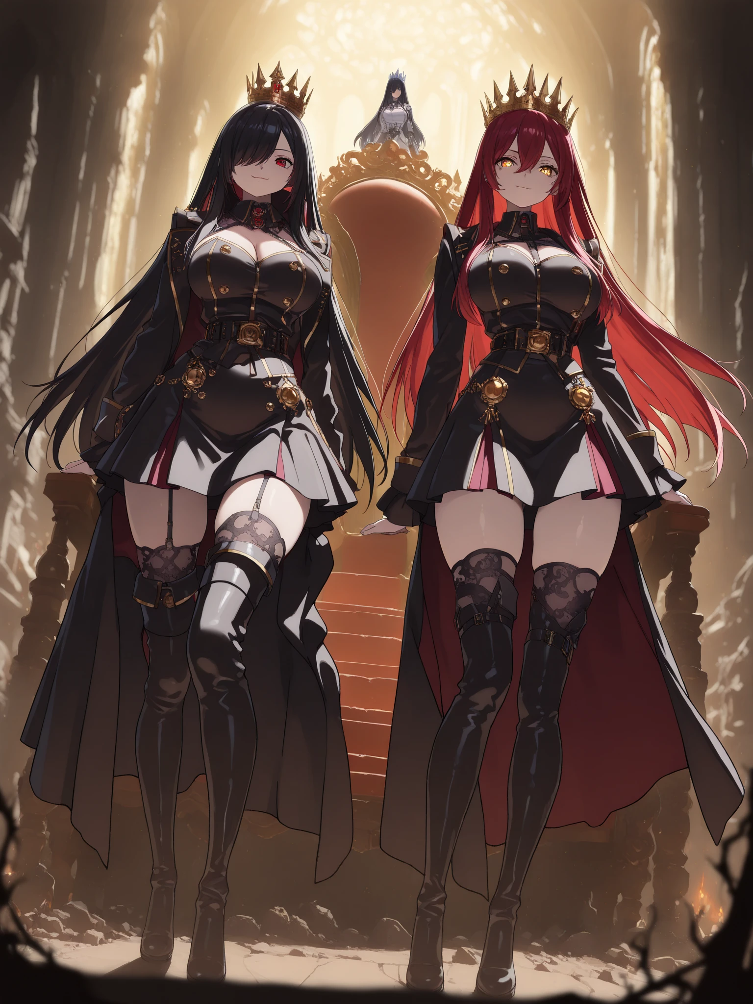 Two stunning female knights with detailed face, flawless features and slender figures vibrant multicolored hair, ample bosoms, huge breasts, detailed erect nipples, standing side by side, wearing sleek leather armor that reveals their toned midriffs, cleavage, and thighs, sexy stockings, (no panties:1.5), detailed vagina, (pussy juice:1.2). They stride confidently in high heels and don gloves, wielding a variety of weapons including swords, maces, axes, and shields. The scene exudes a sense of fantasy and takes place in an unpredictable location (NFSW).
