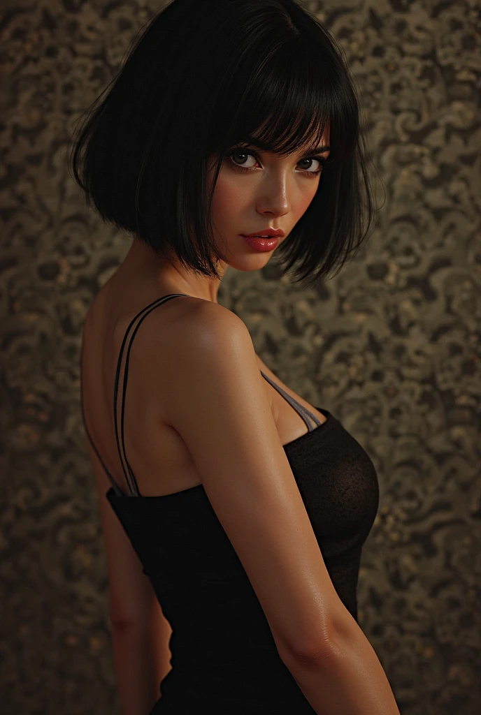 a 20 yo, curly bob hair, wearing black strapless tanktop, show cleavage, dark theme, soothing tones, muted colors, high contrast, natural skin texture, hyperrealism, soft light, sharp, retro poster as background, Dark Blue. Show big thigh, plump body. Sitting on the bed. Closing mouth. Wearing black stocking, garter, Black choker, bunny headbend. (White background). Polaroid
